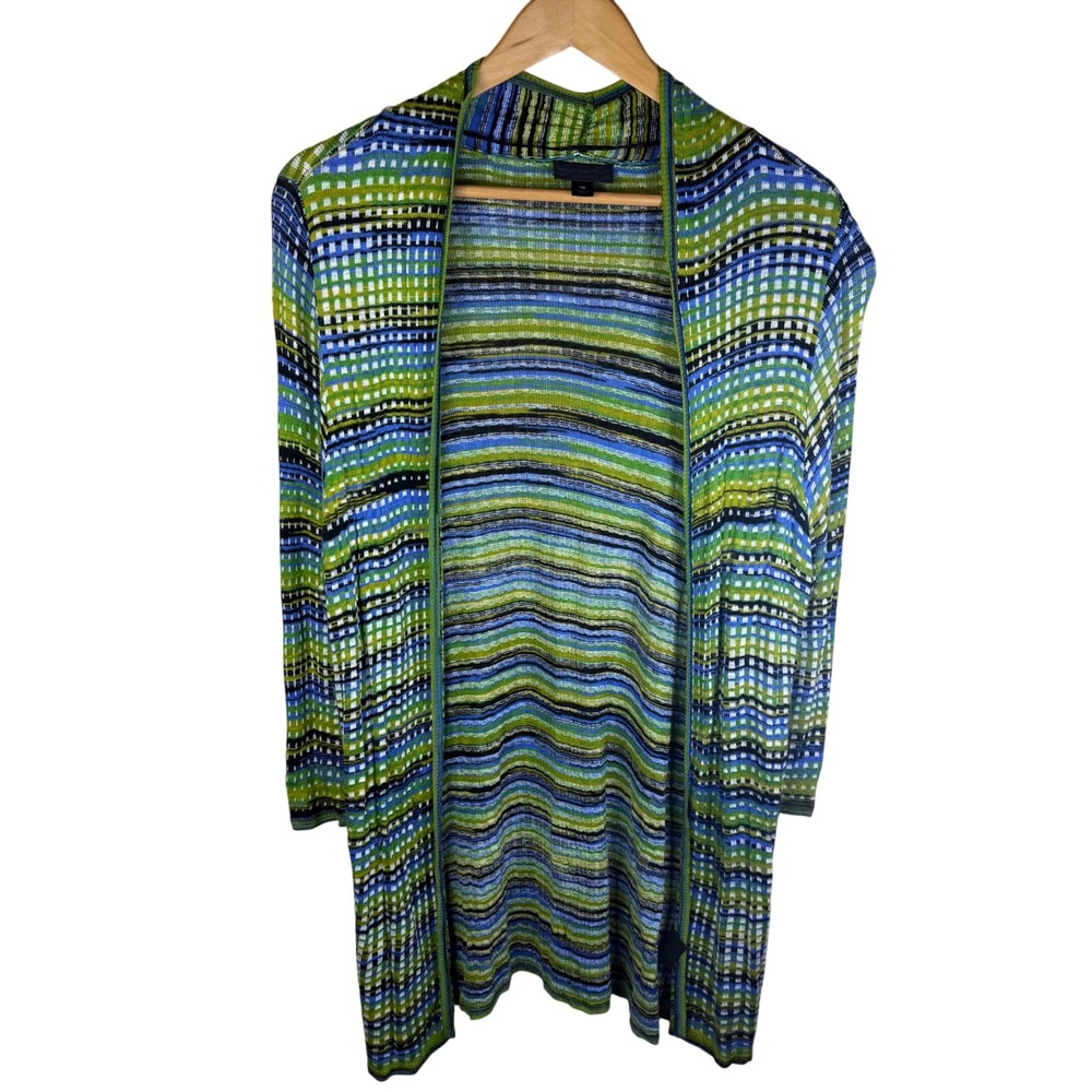 Worthington 1X Boho Blue Green Stripe Knit Open Front‎ Duster Cardigan Sweater